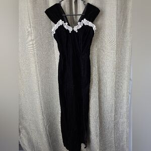 L.A. Glo Vtg 90s Black Velvet Long Gown XS Side Slit White Lace Accent